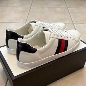 New Gucci White Leather Sneakers with Signature Red and Blue Web